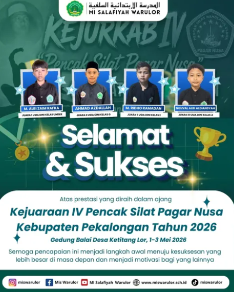 Empat Siswa MI Salafiyah Warulor Borong Prestasi pada Kejuaraan IV Pencak Silat Pagar Nusa Kabupaten Pekalongan 2026