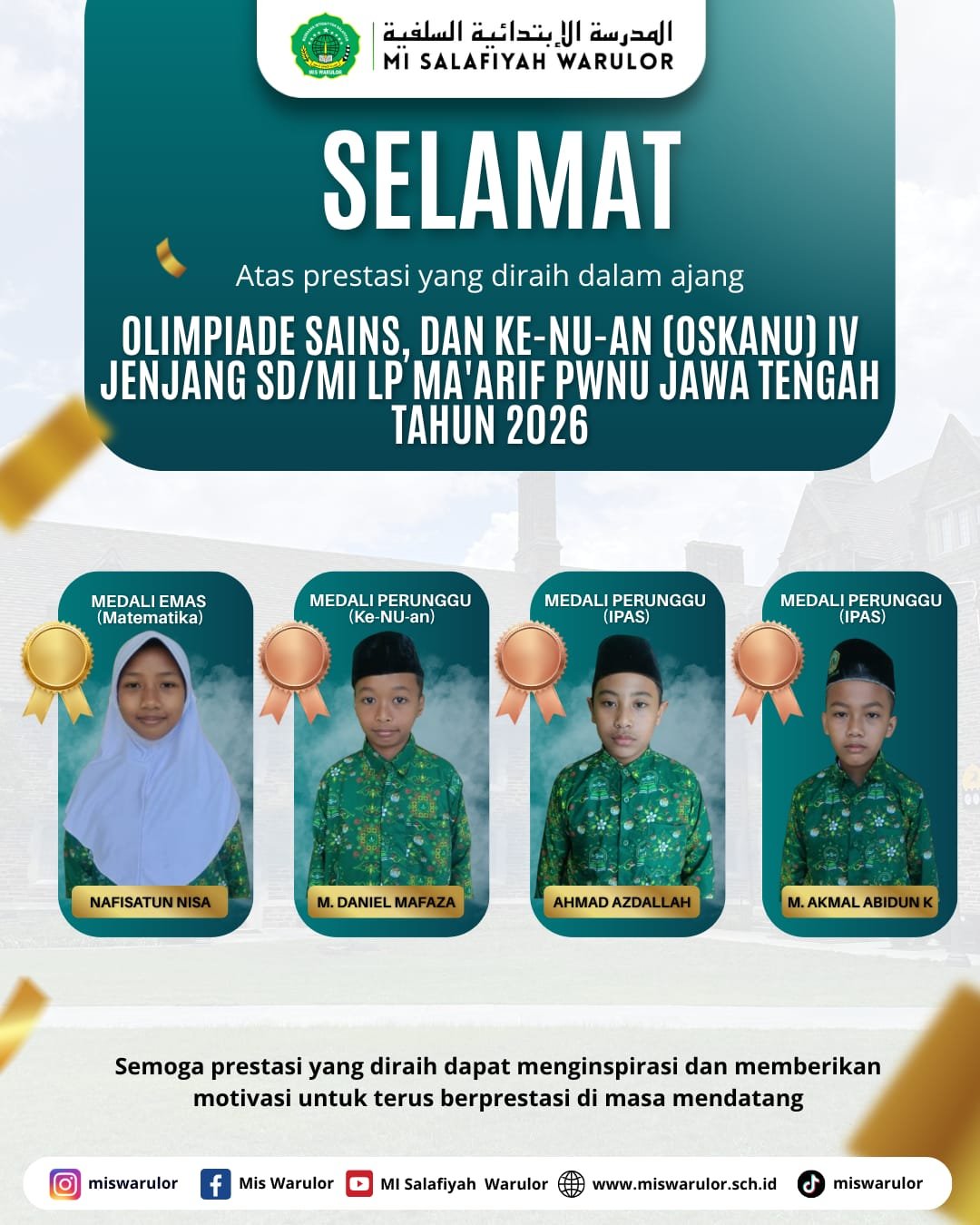 Siswa MI Salafiyah Warulor Raih 4 Medali pada OSKANU IV LP Ma’arif PWNU Jawa Tengah 2026